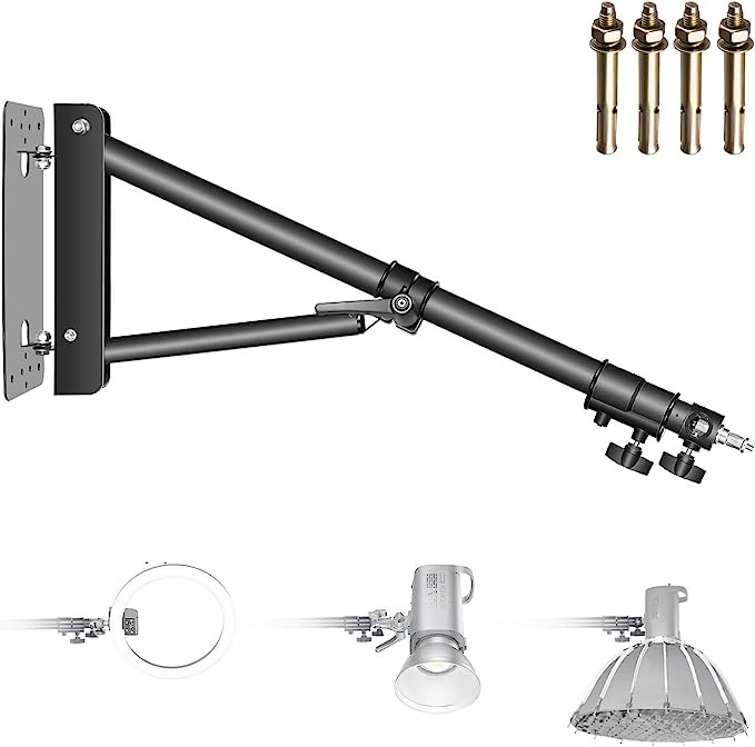 Support Mural Bras de Fixation Triangle pour Photographie en Studio Lampe Strobe Monolight Softboxes Parapluies Réflecteurs, Rotation Flexible 180 degrés, Longueur Maxi de 130 cm (Noir)