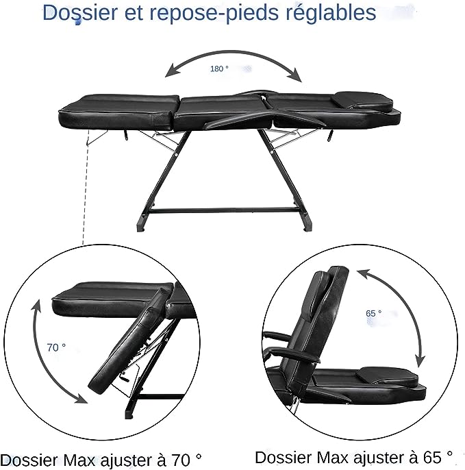 Table de Massage Pliante Professionnelle avec Tabouret à roulettes Legere Aluminium Housse Table Massage Lit Cosmétique Massage 3 Sections Portable Ergonomique Noir