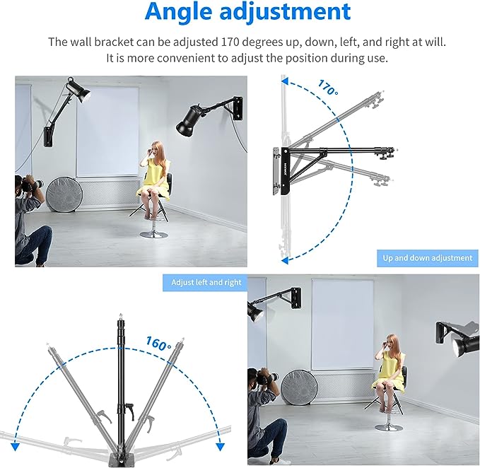Support Mural Bras de Fixation Triangle pour Photographie en Studio Lampe Strobe Monolight Softboxes Parapluies Réflecteurs, Rotation Flexible 180 degrés, Longueur Maxi de 130 cm (Noir)