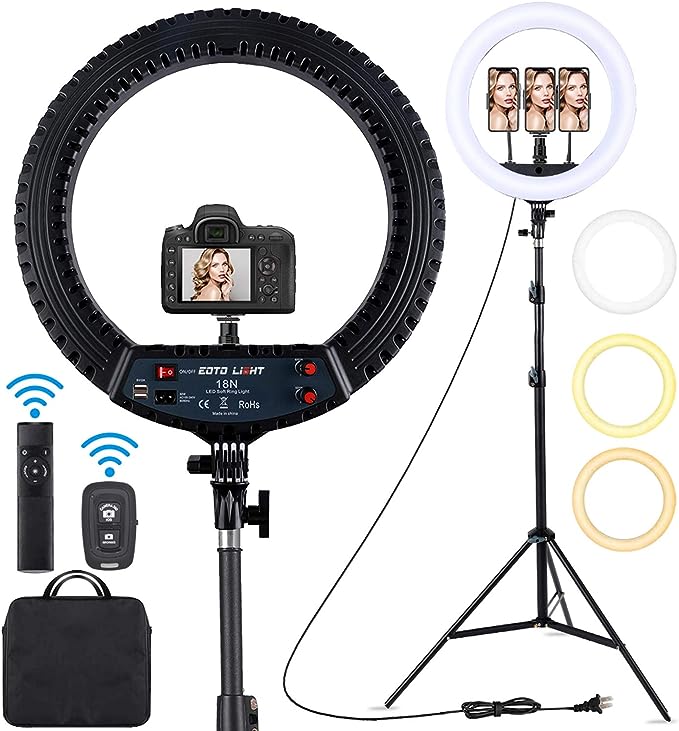 Ring Light avec Trépied, 18 Pouces Extérieur 2900-6000K LED Anneau Lumineux Selfie Réglable, Lampe Annulaire pour Telephone Youtube TikTok Maquillage Vidéo Tournage Bluetooth